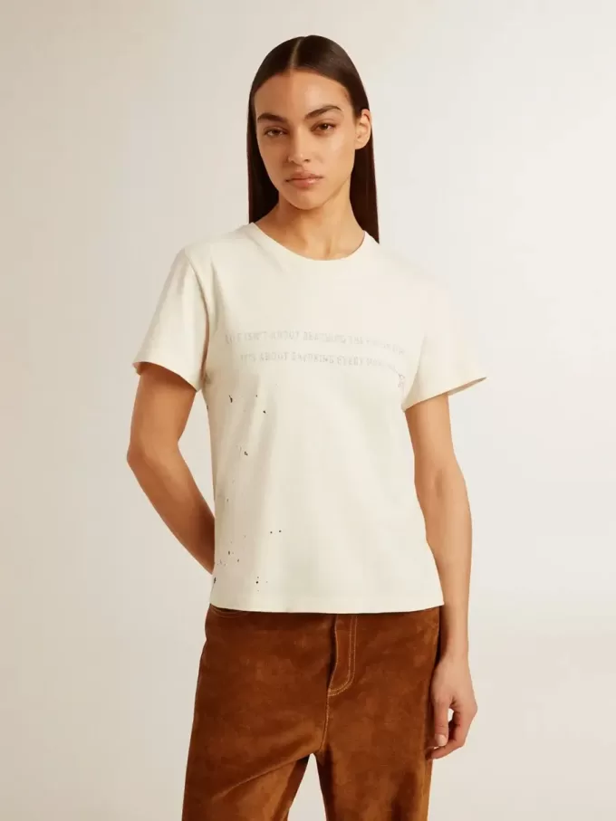 Weißes Baumwoll-T-Shirt für Damen mit Print und Stickerei