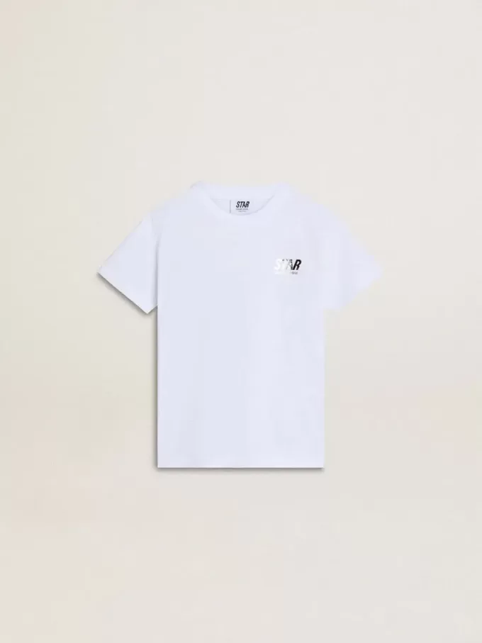 Weißes Baumwoll-T-Shirt für Kinder mit silbernem Aufdruck