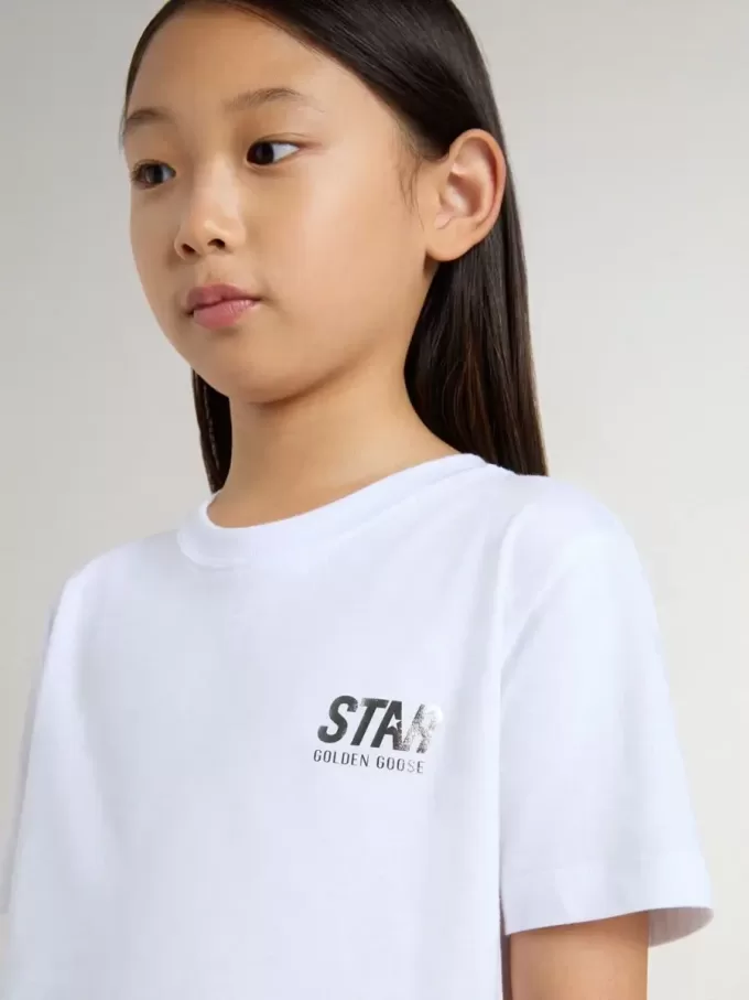 Weißes Baumwoll-T-Shirt für Kinder mit silbernem Aufdruck