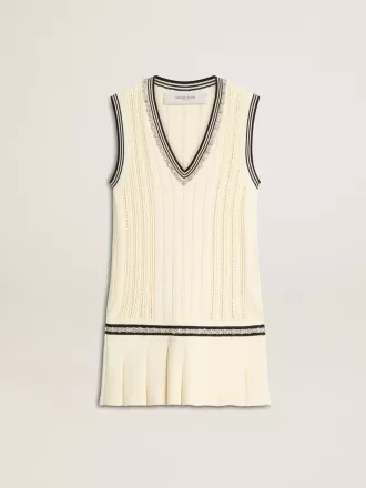 Weißes Baumwoll-Wickelkleid für Damen mit dunkelblauen Rippbündchen und Kristallen
