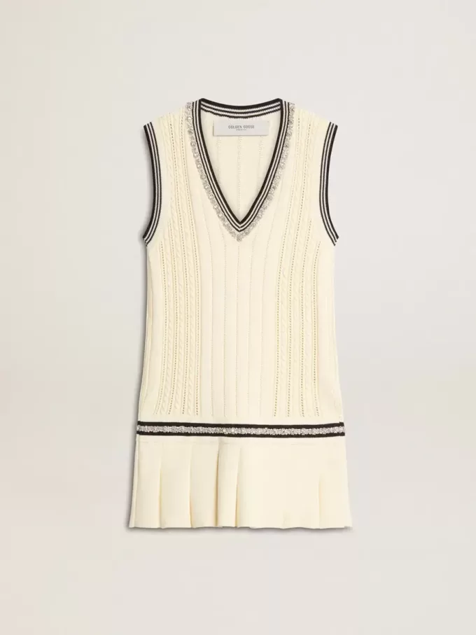 Weißes Baumwoll-Wickelkleid für Damen mit dunkelblauen Rippbündchen und Kristallen