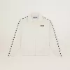Weißes Damen-Sweatshirt mit Reißverschluss, weißem Streifen und schwarzen Sternen