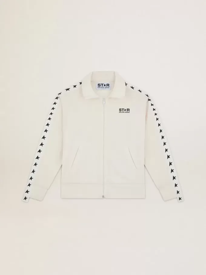 Weißes Damen-Sweatshirt mit Reißverschluss, weißem Streifen und schwarzen Sternen