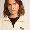 Weißes Damen-Sweatshirt mit Reißverschluss, weißem Streifen und schwarzen Sternen