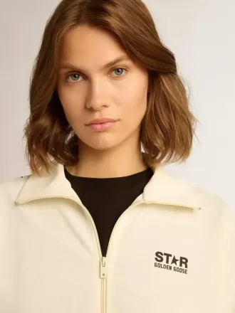 Weißes Damen-Sweatshirt mit Reißverschluss, weißem Streifen und schwarzen Sternen
