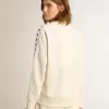 Weißes Damen-Sweatshirt mit Reißverschluss, weißem Streifen und schwarzen Sternen