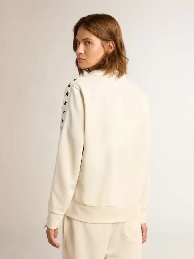 Weißes Damen-Sweatshirt mit Reißverschluss, weißem Streifen und schwarzen Sternen