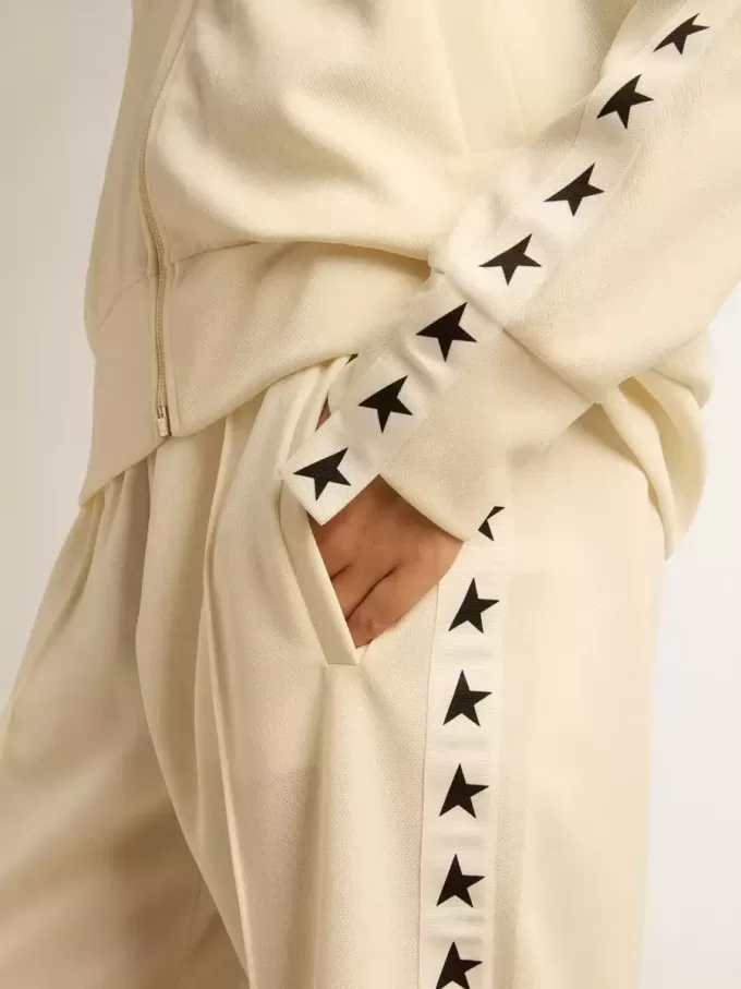 Weißes Damen-Sweatshirt mit Reißverschluss, weißem Streifen und schwarzen Sternen