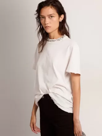 Weißes Damen-T-Shirt mit Cabochon-Kristallen