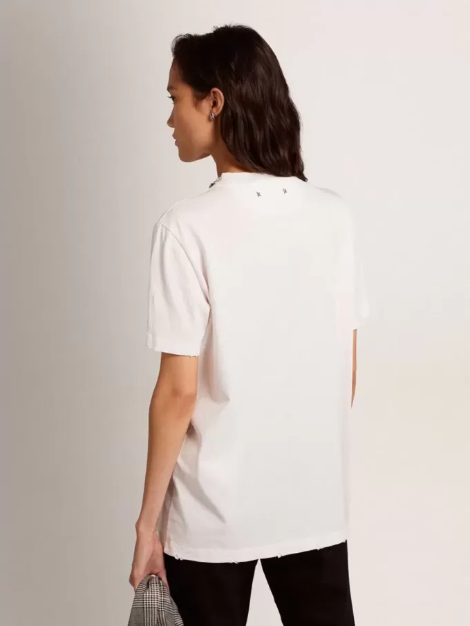 Weißes Damen-T-Shirt mit Cabochon-Kristallen