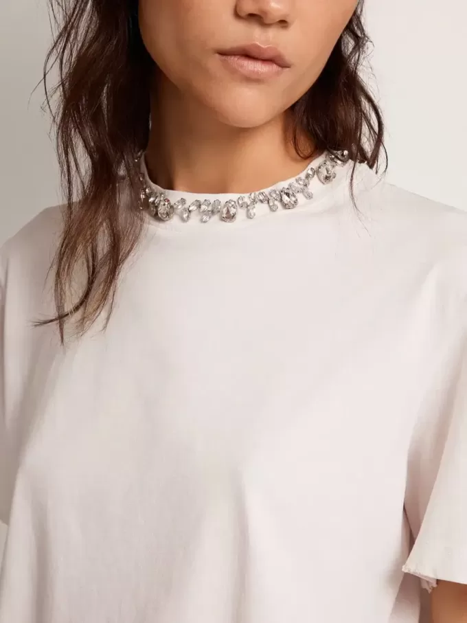 Weißes Damen-T-Shirt mit Cabochon-Kristallen