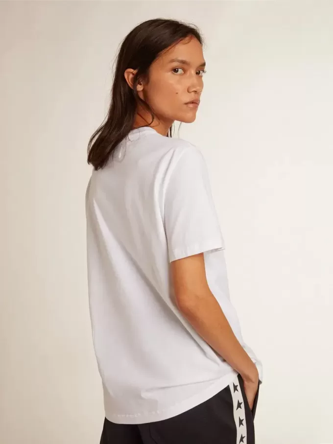 Weißes Damen-T-Shirt mit dunkelblauem Stern auf der Vorderseite