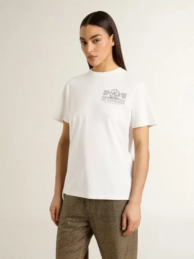 Weißes Damen-T-Shirt mit schwarzem Aufdruck auf der Brust