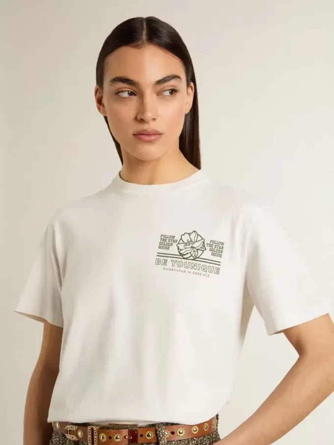 Weißes Damen-T-Shirt mit schwarzem Aufdruck auf der Brust