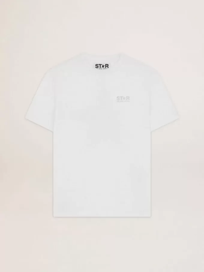 Weißes Damen-T-Shirt mit silbernem Glitzerlogo und Stern Weißes Damen-T-Shirt mit silbernem Glitzerlogo und Stern