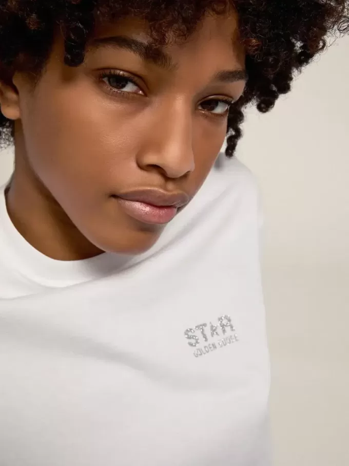 Weißes Damen-T-Shirt mit silbernem Glitzerlogo und Stern Weißes Damen-T-Shirt mit silbernem Glitzerlogo und Stern