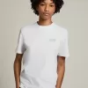 Weißes Damen-T-Shirt mit silbernem Glitzerlogo und Stern Weißes Damen-T-Shirt mit silbernem Glitzerlogo und Stern