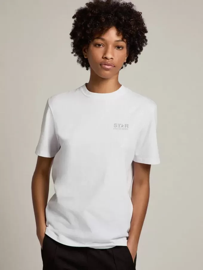 Weißes Damen-T-Shirt mit silbernem Glitzerlogo und Stern Weißes Damen-T-Shirt mit silbernem Glitzerlogo und Stern