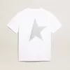 Weißes Damen-T-Shirt mit silbernem Glitzerlogo und Stern Weißes Damen-T-Shirt mit silbernem Glitzerlogo und Stern