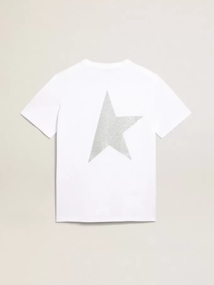 Weißes Damen-T-Shirt mit silbernem Glitzerlogo und Stern Weißes Damen-T-Shirt mit silbernem Glitzerlogo und Stern