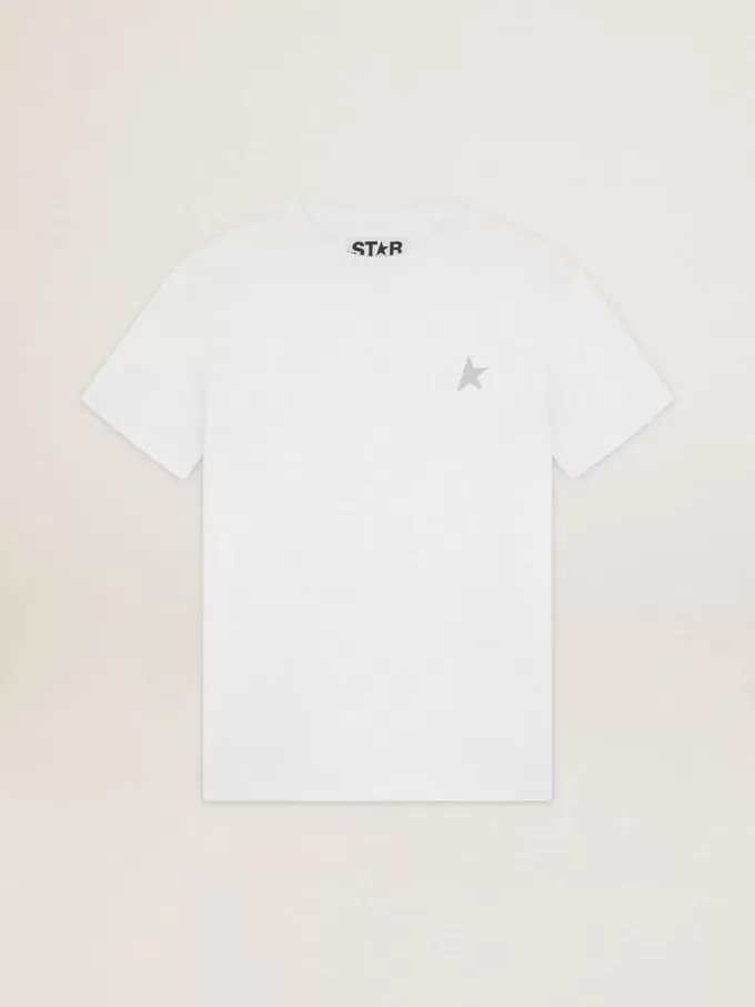 Weißes Damen-T-Shirt mit silbernem Glitzerstern auf der Vorderseite