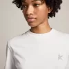 Weißes Damen-T-Shirt mit silbernem Glitzerstern auf der Vorderseite
