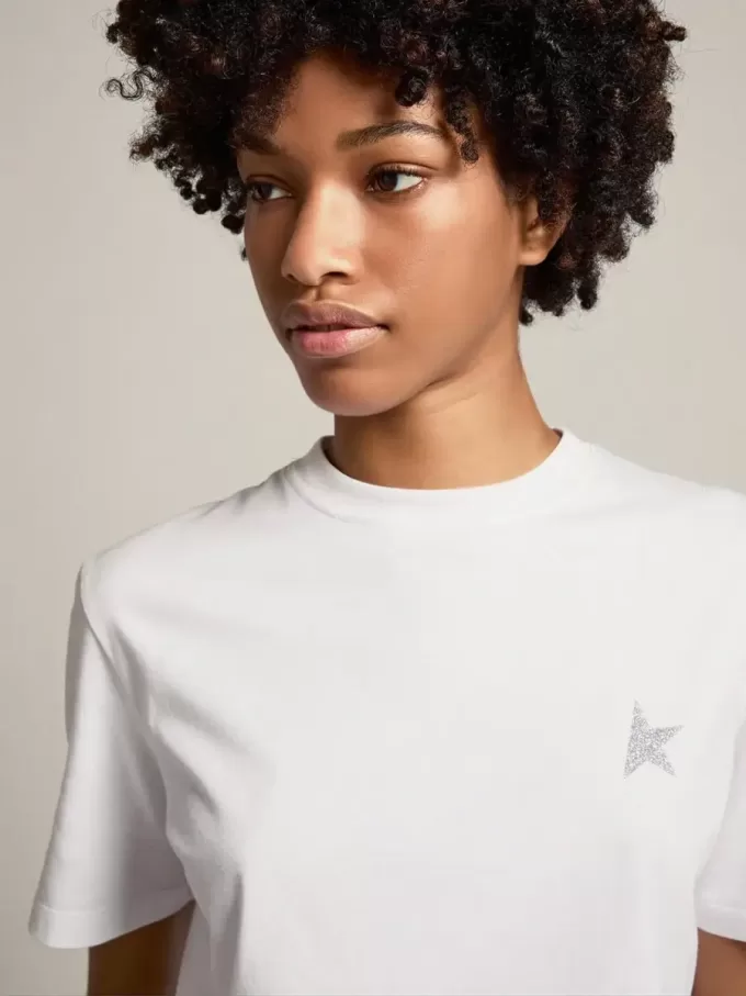 Weißes Damen-T-Shirt mit silbernem Glitzerstern auf der Vorderseite