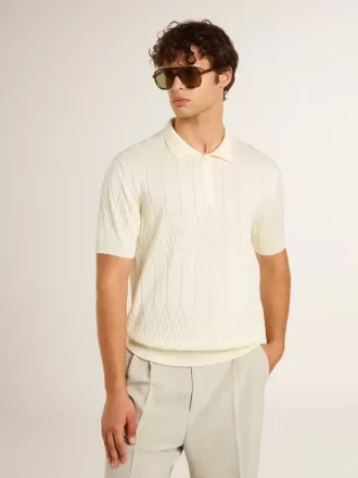 Weißes Jacquard-Strick-Poloshirt für Herren