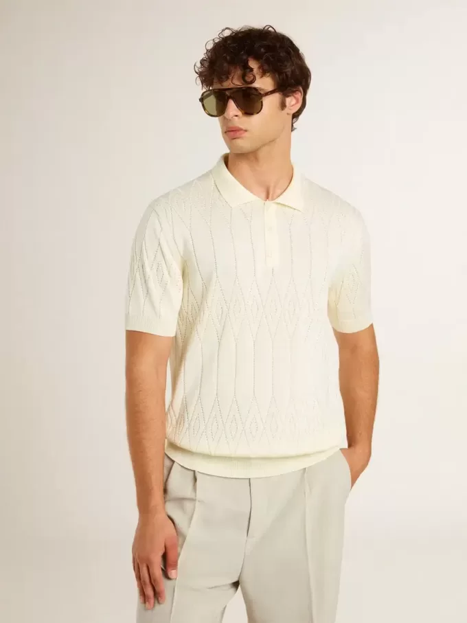 Weißes Jacquard-Strick-Poloshirt für Herren