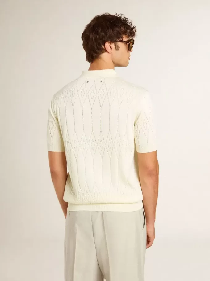 Weißes Jacquard-Strick-Poloshirt für Herren