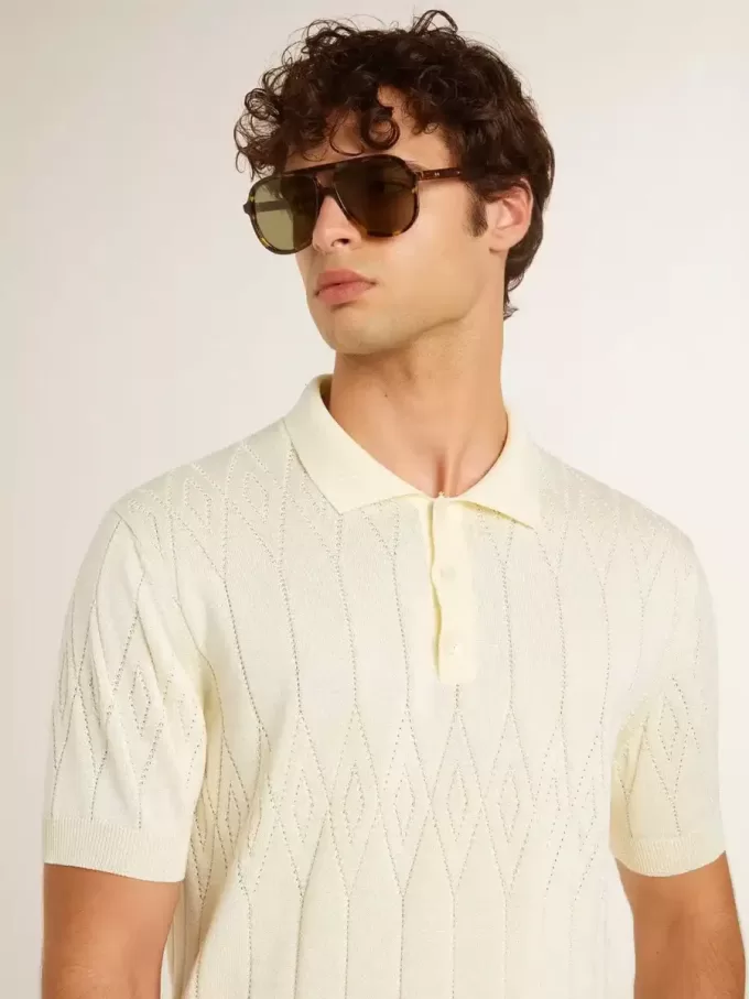 Weißes Jacquard-Strick-Poloshirt für Herren