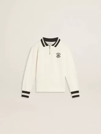 Weißes Polo-Sweatshirt aus Baumwolle für Kinder mit Stickerei auf der Brust und Aufdruck auf dem Rücken