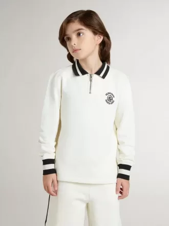 Weißes Polo-Sweatshirt aus Baumwolle für Kinder mit Stickerei auf der Brust und Aufdruck auf dem Rücken