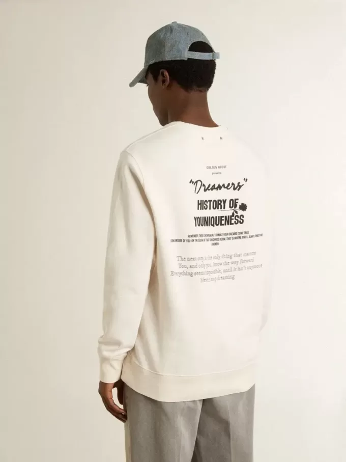 Weißes Sweatshirt für Herren aus Baumwolle mit Aufdruck auf der Rückseite