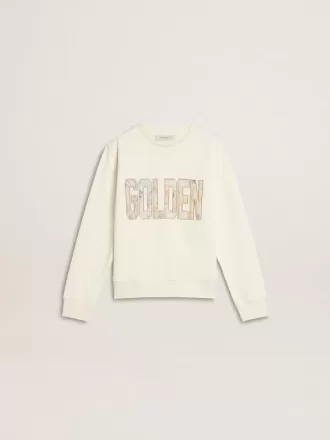 Weißes Sweatshirt für Mädchen mit mehrfarbiger „Golden”-Schrift auf der Vorderseite