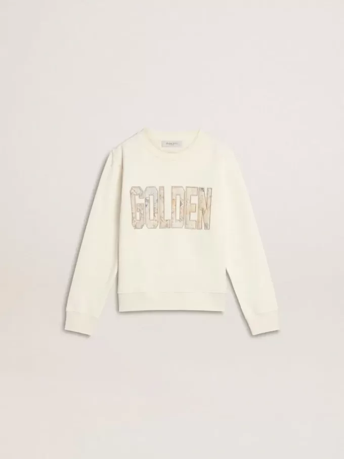 Weißes Sweatshirt für Mädchen mit mehrfarbiger „Golden”-Schrift auf der Vorderseite