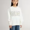 Weißes Sweatshirt für Mädchen mit mehrfarbiger „Golden”-Schrift auf der Vorderseite