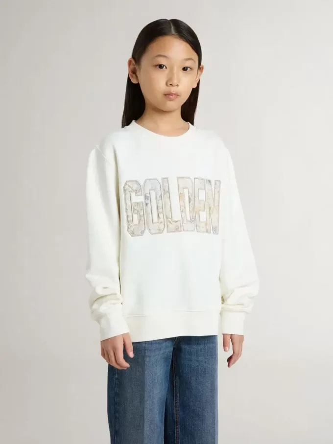 Weißes Sweatshirt für Mädchen mit mehrfarbiger „Golden”-Schrift auf der Vorderseite