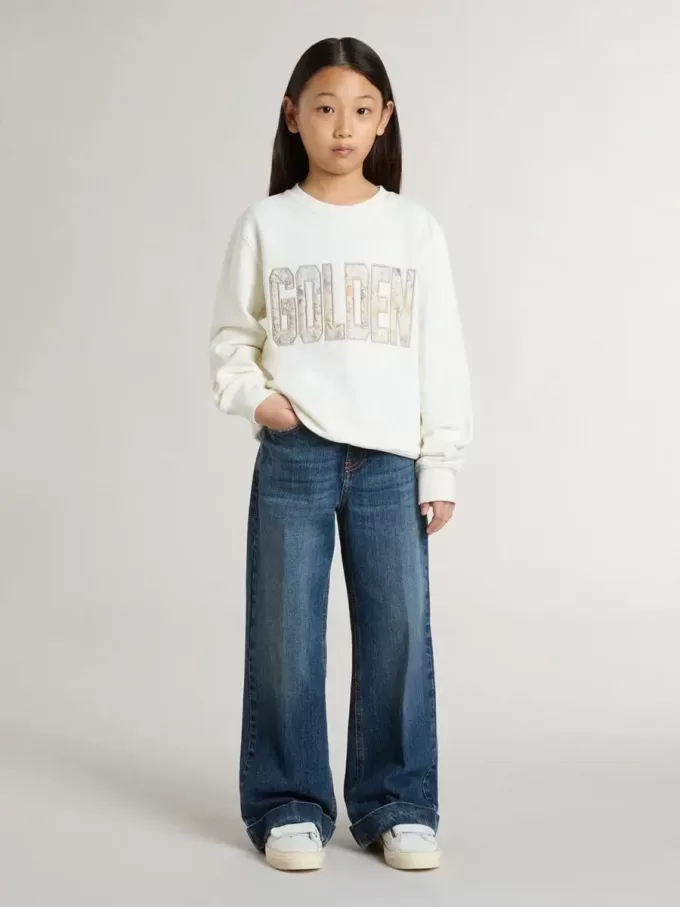 Weißes Sweatshirt für Mädchen mit mehrfarbiger „Golden”-Schrift auf der Vorderseite