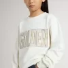 Weißes Sweatshirt für Mädchen mit mehrfarbiger „Golden”-Schrift auf der Vorderseite