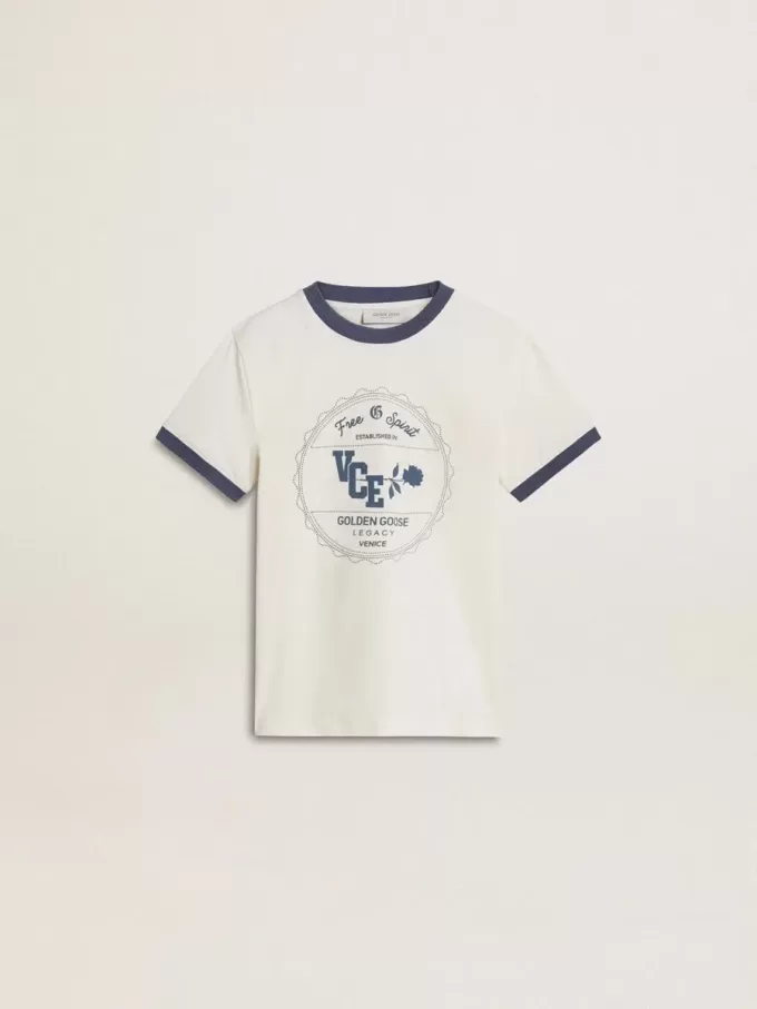 Weißes T-Shirt für Jungen mit blauem Aufdruck Weißes T-Shirt für Jungen mit blauem Aufdruck