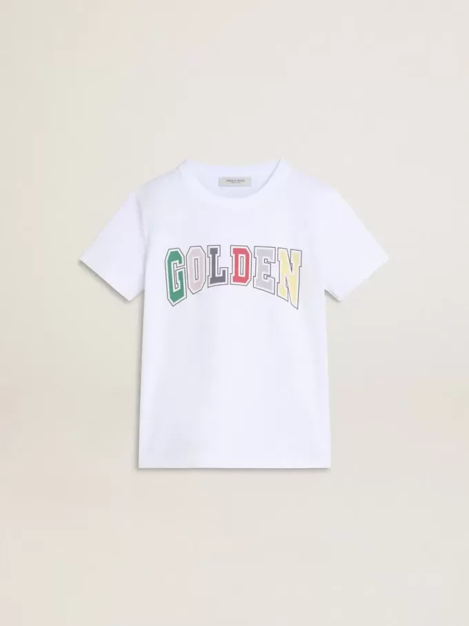 Weißes T-Shirt für Jungen mit mehrfarbigem Golden-Aufdruck