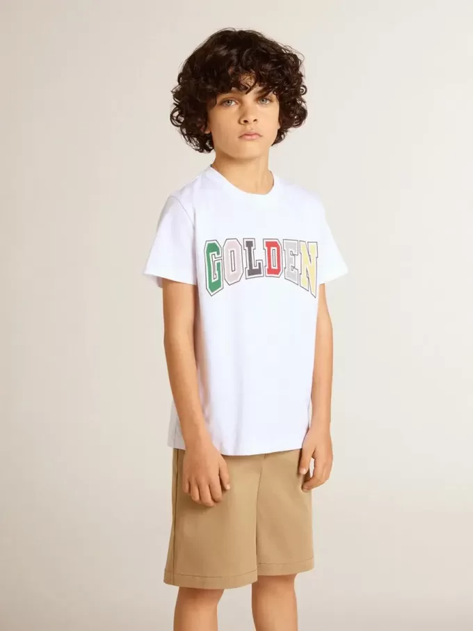 Weißes T-Shirt für Jungen mit mehrfarbigem Golden-Aufdruck