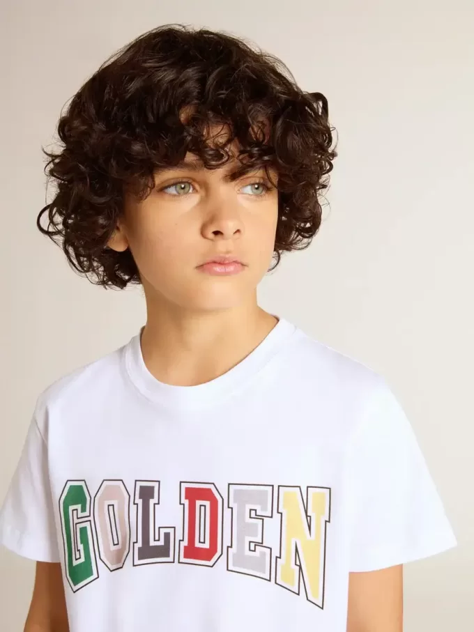 Weißes T-Shirt für Jungen mit mehrfarbigem Golden-Aufdruck
