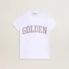 Weißes T-Shirt für Mädchen mit rosa Glitzer und goldener Schrift Weißes T-Shirt für Mädchen mit rosa Glitzer und goldener Schrift