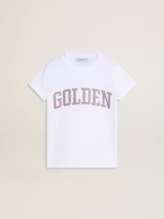 Weißes T-Shirt für Mädchen mit rosa Glitzer und goldener Schrift