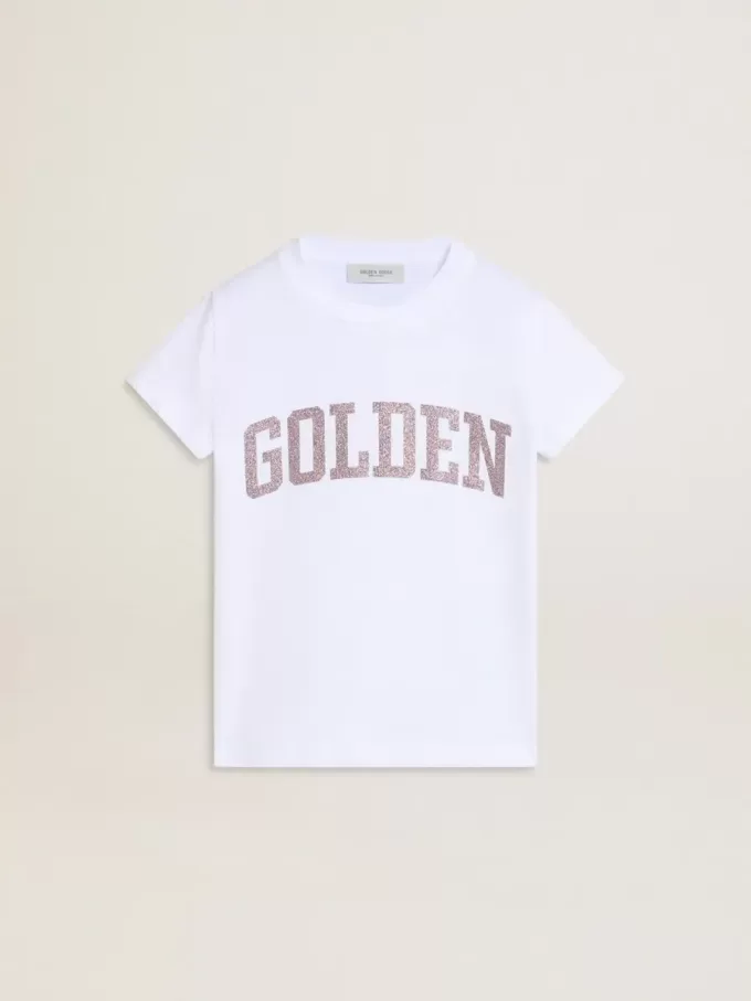 Weißes T-Shirt für Mädchen mit rosa Glitzer und goldener Schrift Weißes T-Shirt für Mädchen mit rosa Glitzer und goldener Schrift