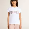 Weißes T-Shirt für Mädchen mit rosa Glitzer und goldener Schrift Weißes T-Shirt für Mädchen mit rosa Glitzer und goldener Schrift