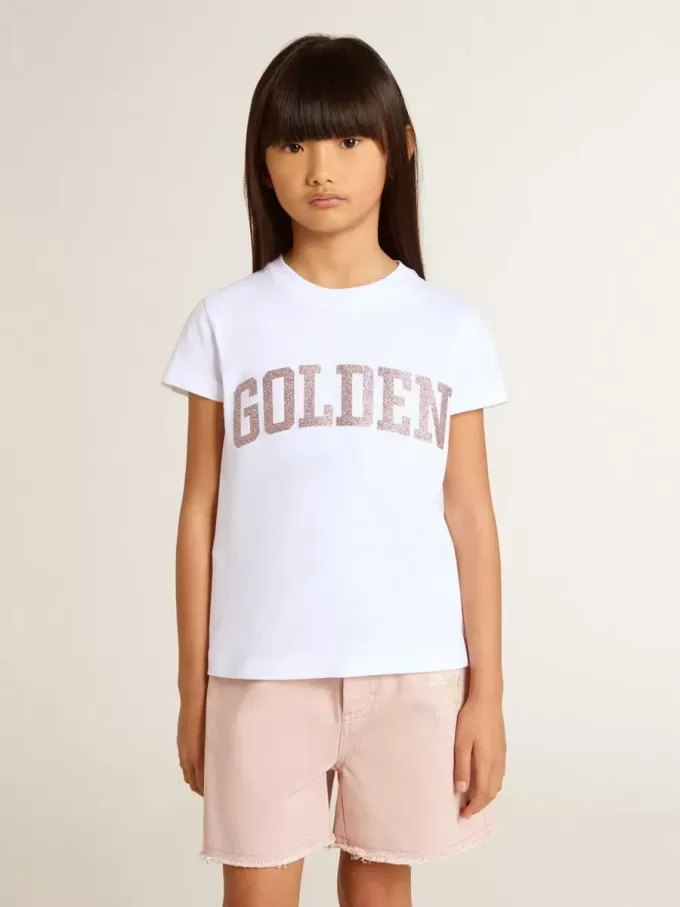 Weißes T-Shirt für Mädchen mit rosa Glitzer und goldener Schrift Weißes T-Shirt für Mädchen mit rosa Glitzer und goldener Schrift