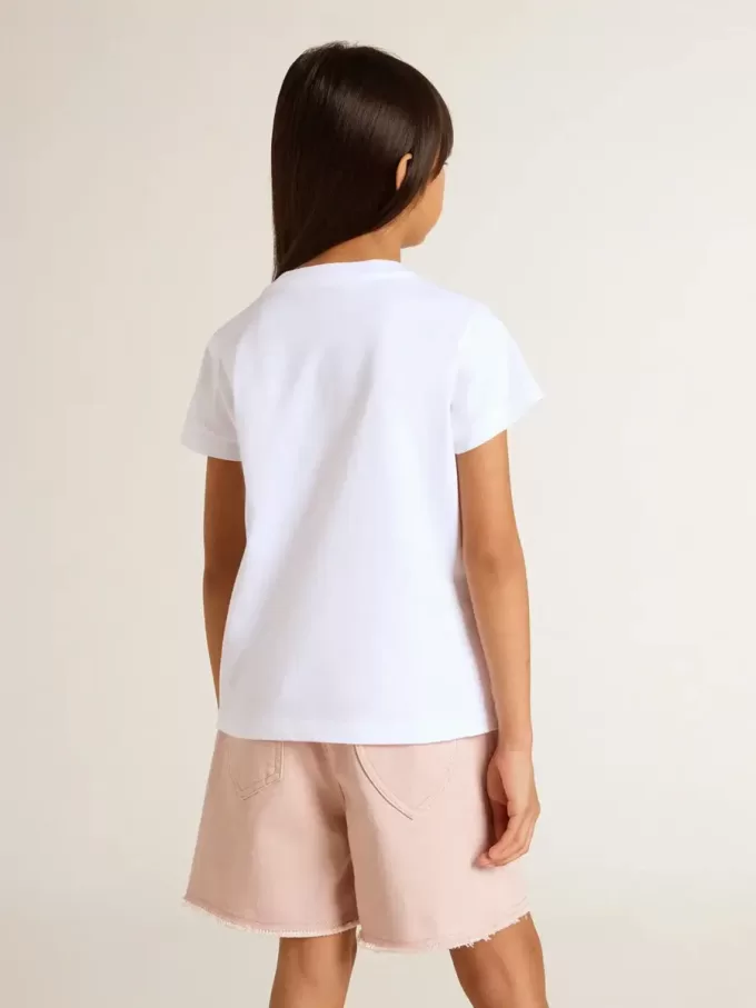 Weißes T-Shirt für Mädchen mit rosa Glitzer und goldener Schrift Weißes T-Shirt für Mädchen mit rosa Glitzer und goldener Schrift